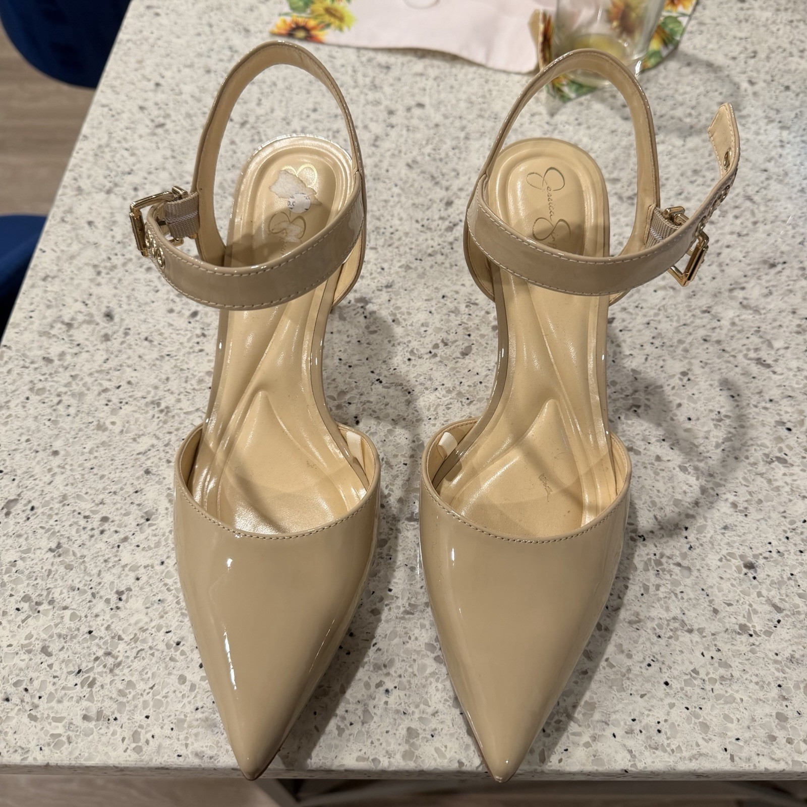 Jessica Simpson Beige Patent Leather Pointed Toe Slingback Buckle Heels 8.5