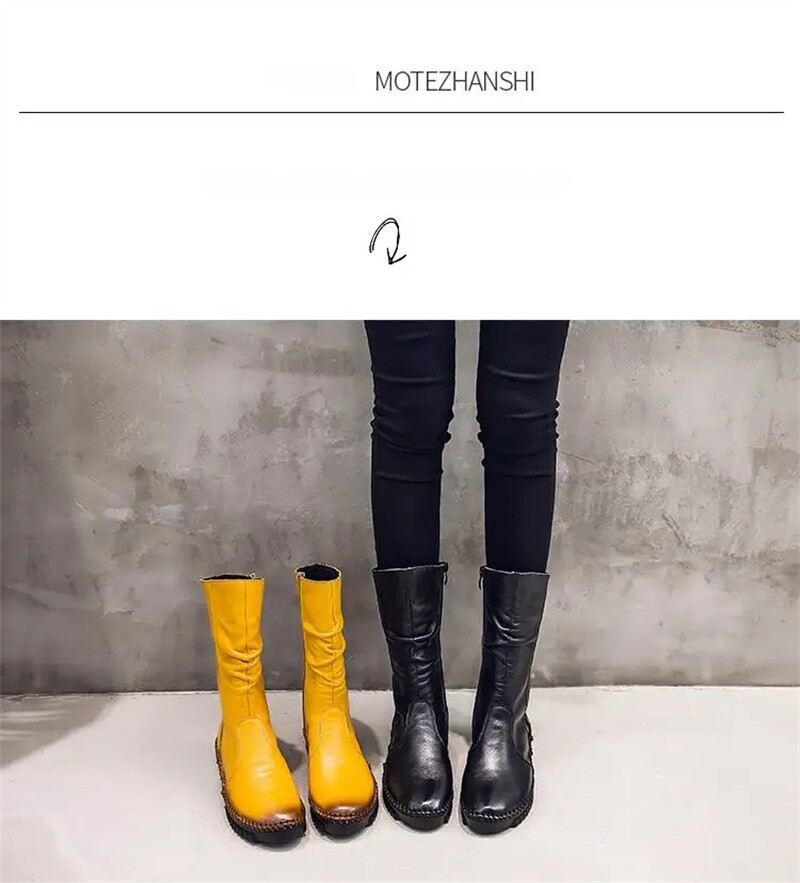 Women Boots Autumn Leather Retro Mid-Calf Boots Flat Shoes Real Leather Boots