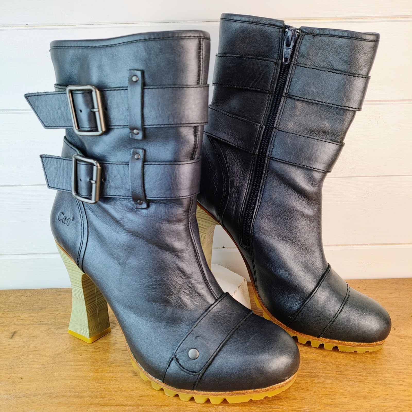 CAT Caterpillar X Shontelle Collab US 9 M Boots 4″ Sculpted High Heel Black -ish