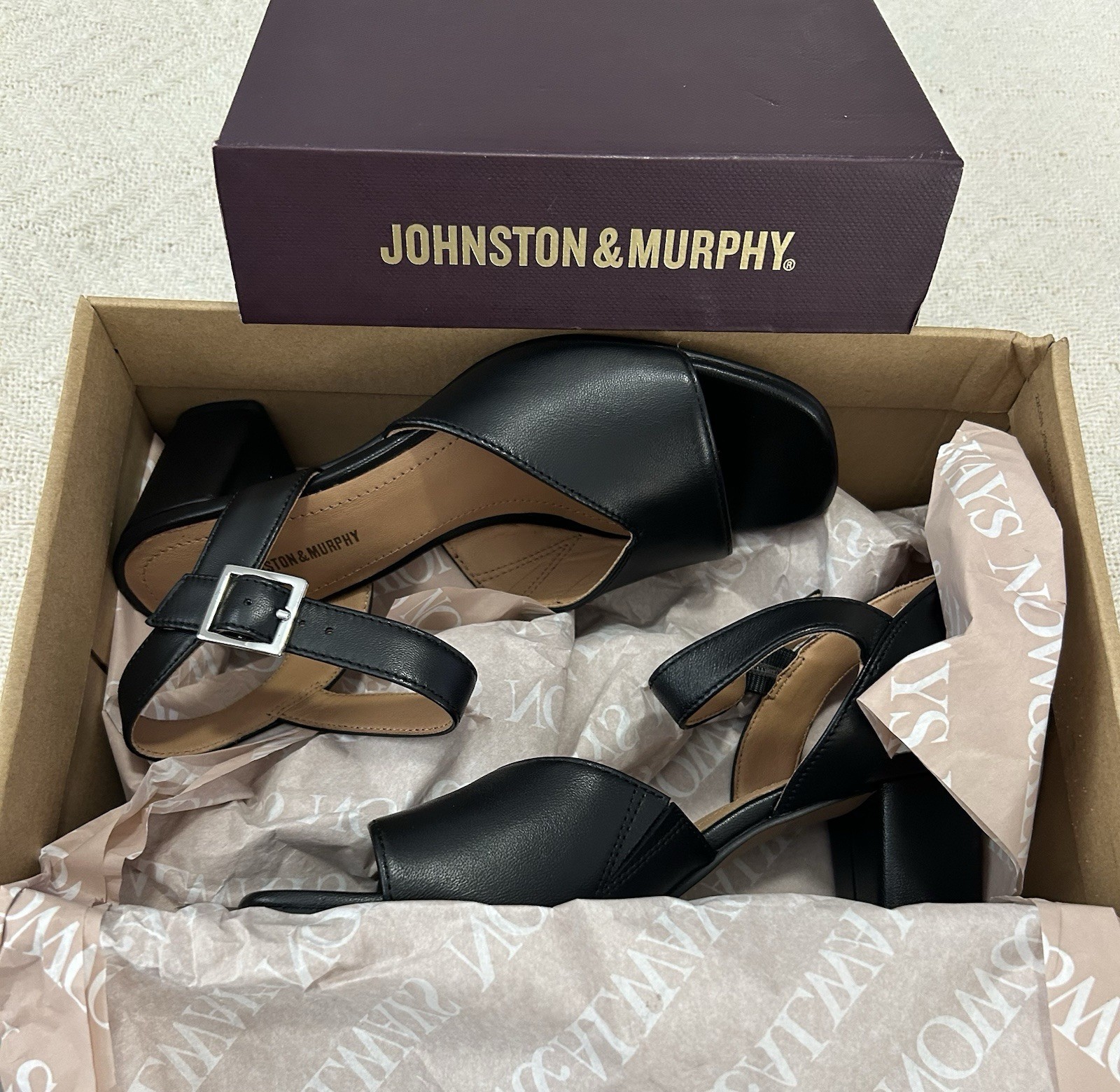 Johnston & Murphy Evelyn Heeled Sandals Black Glove leather Ankle Strap Size 6M