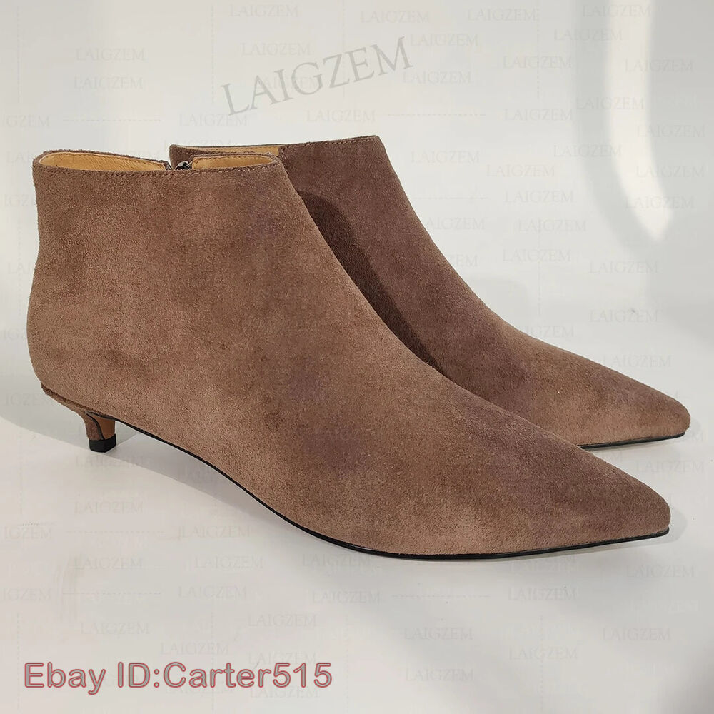 Women Ankle Boots Suede Pointed Toe Side Zip 3.5CM Kitten Heels Short Booties Ha