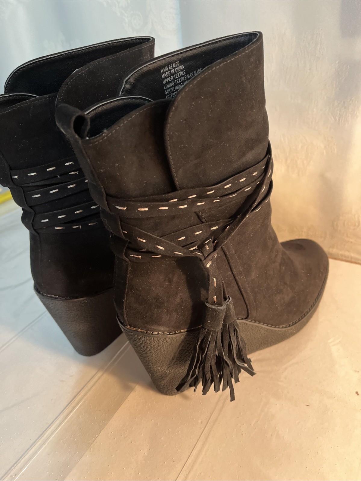Dress Black Boots Union Bay Size 9-1/2 M With 3-3/4” Wedge Heel Zipper Close