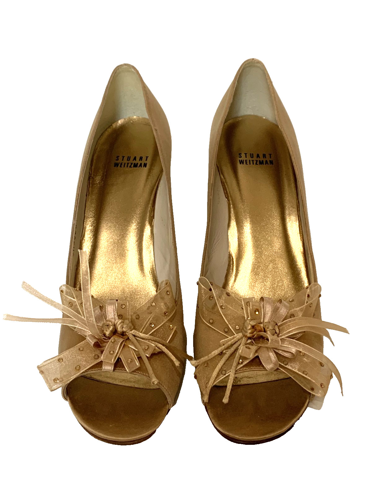 Stuart Weitzman Open Toe Gold Satin Pump With Bow and Rhinestones Size 9.5