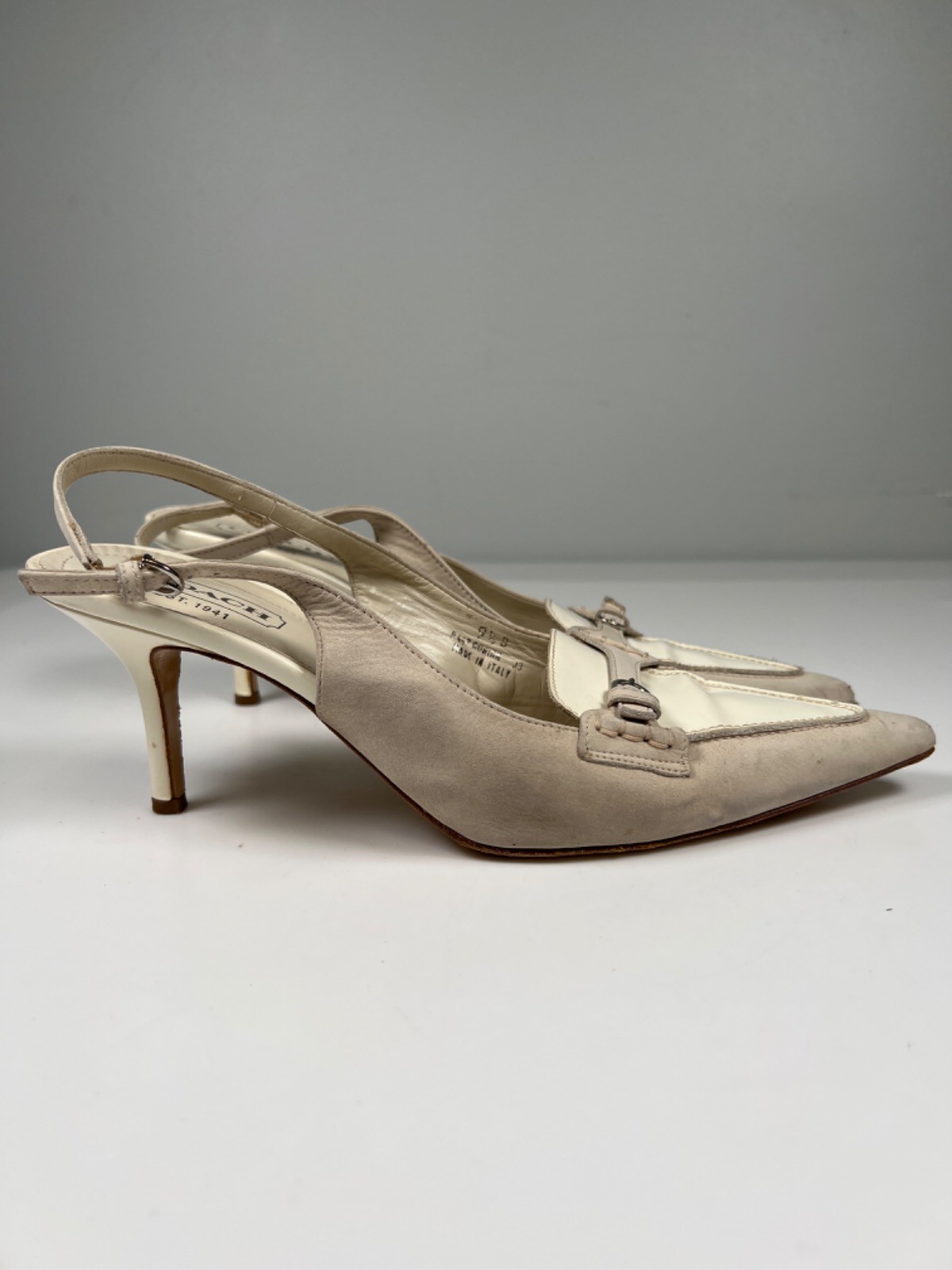 Coach Women’s White/Gray Adrian Pointed Toe Slingback Heels – 9.5B