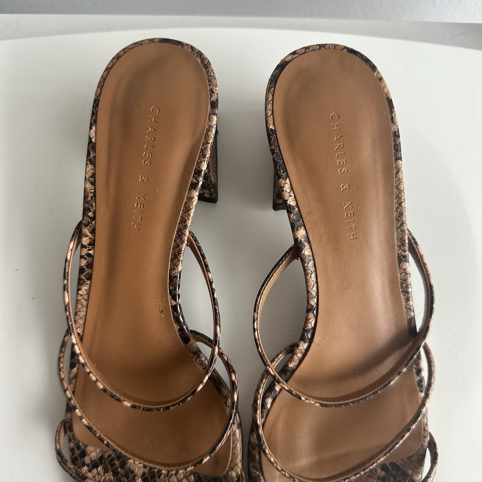 Charles & Keith Faux Snake Skin Triple Straps Strappy Heeled Mules in Brown