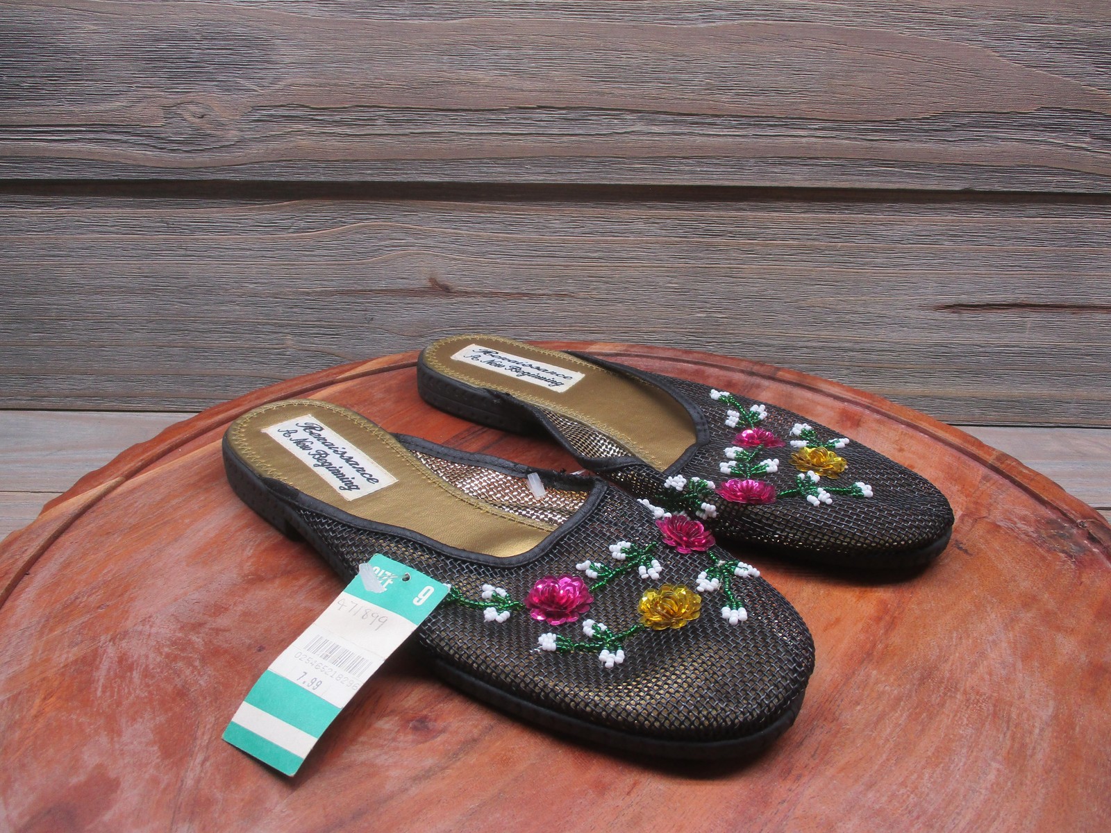 Vintage Renaissance Sandals Womens Size 9 Black Beaded Floral Slip On Shoes