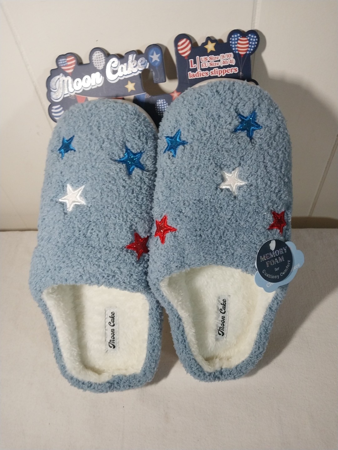 Moon Cake Ladies Slippers 9/10 EU 40/41 Blue USA Flag Stars Red White Blue