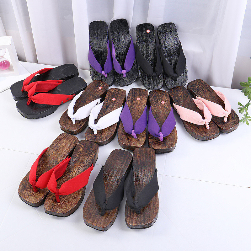3.5cm Heel Geta Japanese Clogs Slippers Wooden Flip-flops Soild Color Costume US