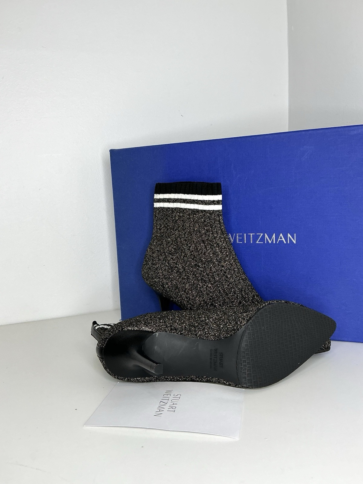 NEW $575 Stuart Weitzman Women’s Waverly Sock Bootie Black Gold US 9 M