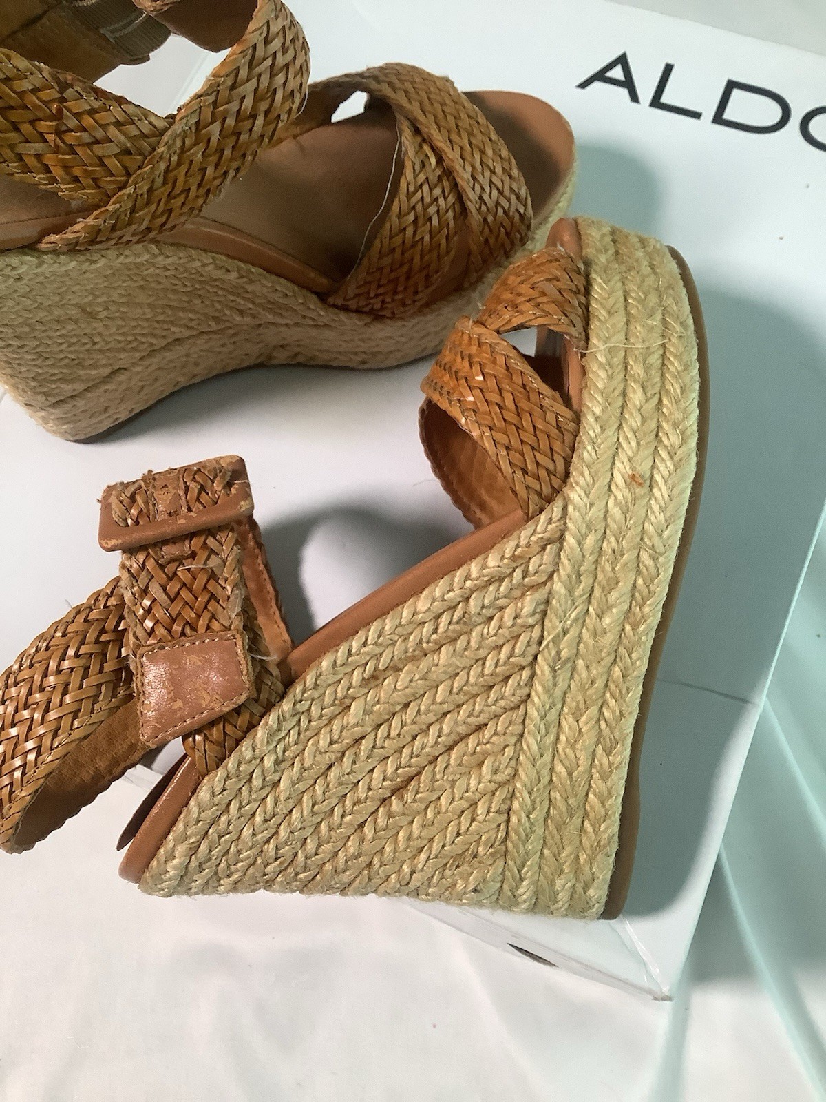Aldo Wedge Platform Sandals Shoes Size 5.5 36b Tan With Box S2