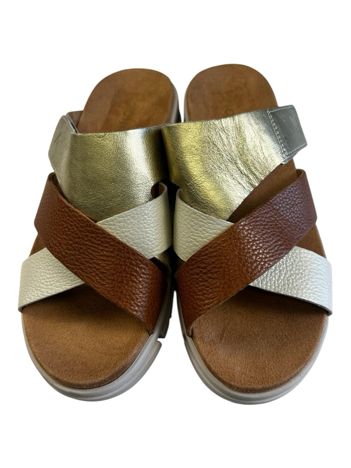 Vionic Uptown Sunset Wedge Slide Sandal Tan Gold Met Leather New Size 7.5
