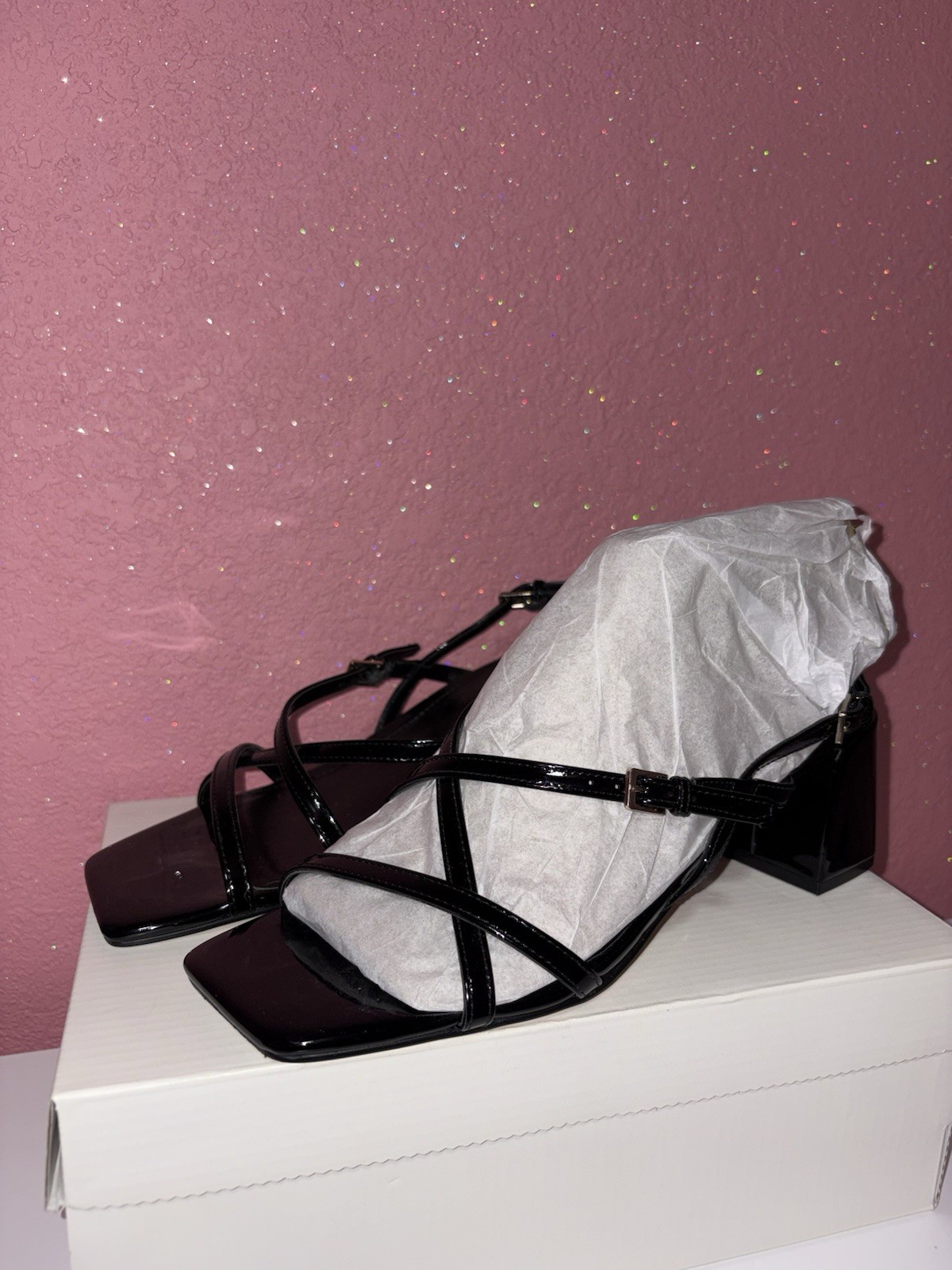 Calvin Klein Black Patent Leather Strappy Ankle Strap Square Toe Heel 10M
