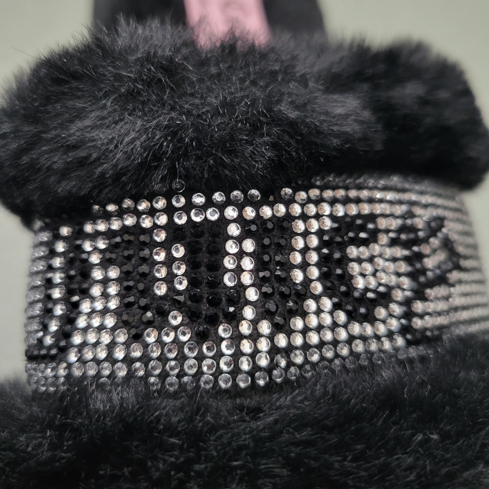 Juicy Couture Craven Rhinestone Faux Fur Slide Slip On Black Women US Small 5
