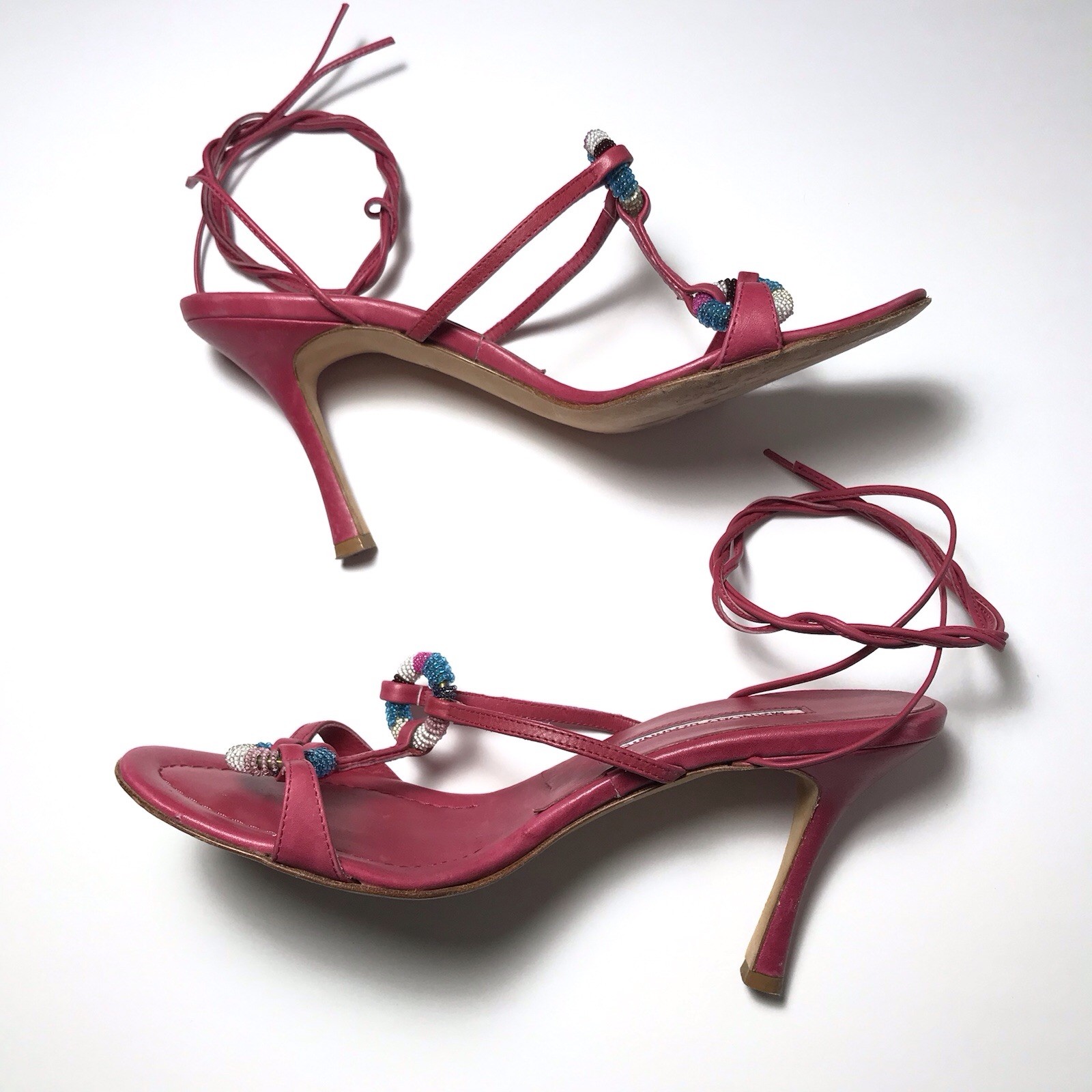 Manolo Blahnik Y2K Vtg Pink Beaded Ring Strappy Ankle Lace Stiletto Sandals 38