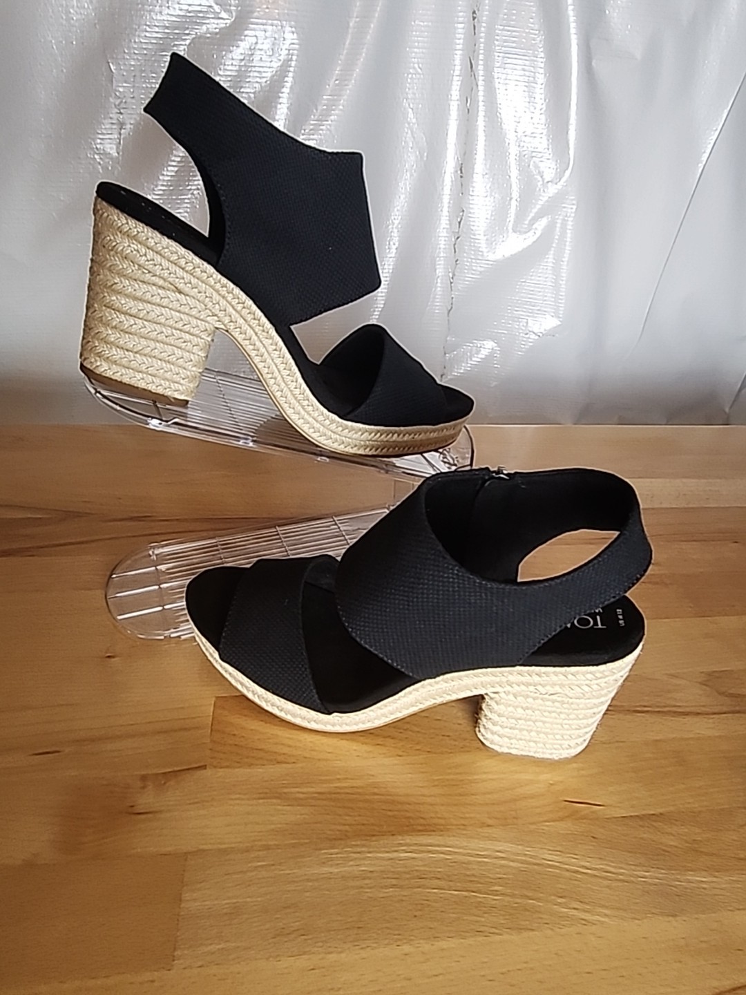 TOMS Majorca Rope Platform Espadrille Sandals 12 Black Block Heel Resort Chic