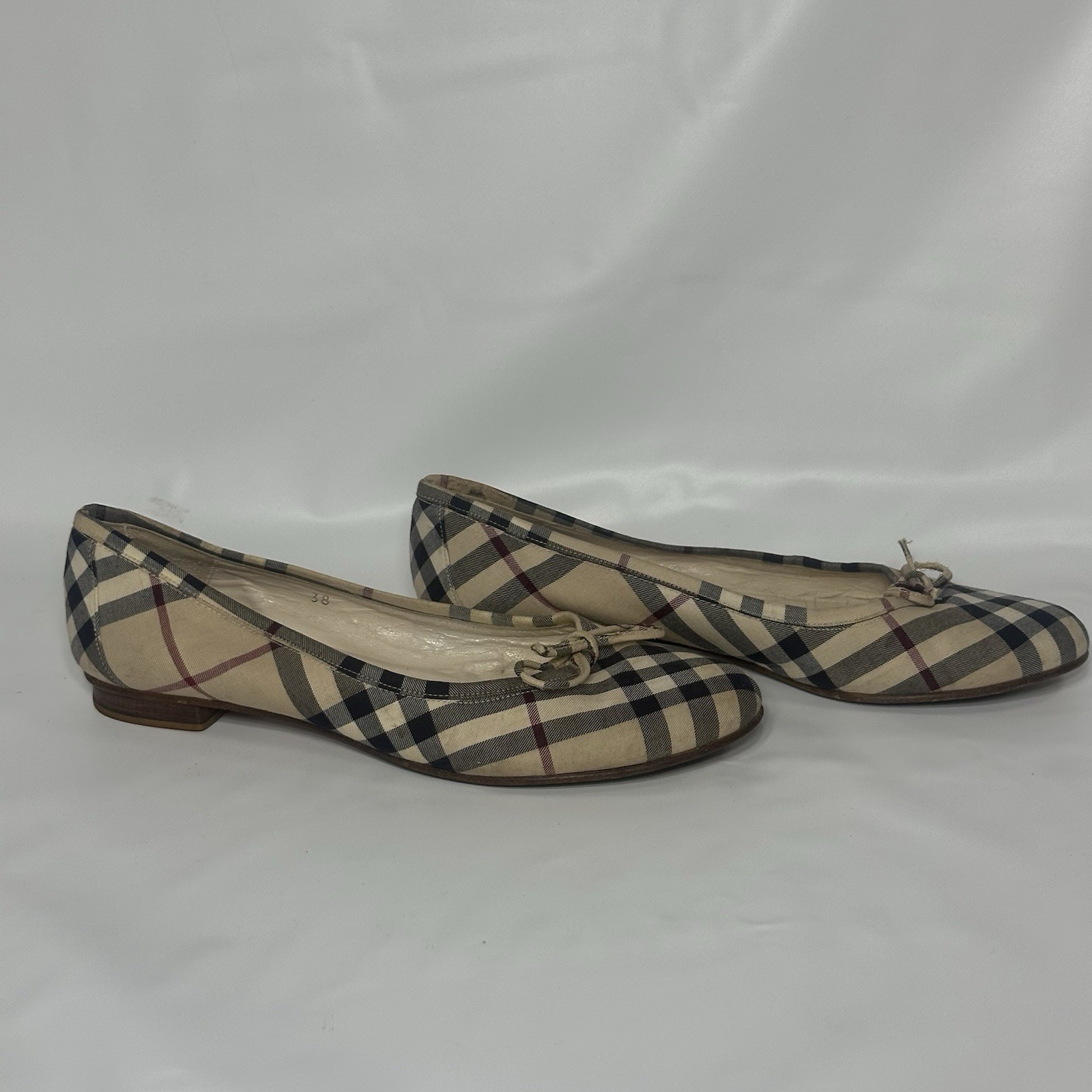 Burberry Nova Check Canvas Ballet Flats Bow Tie Beige Plaid Slip On Shows SzEU38