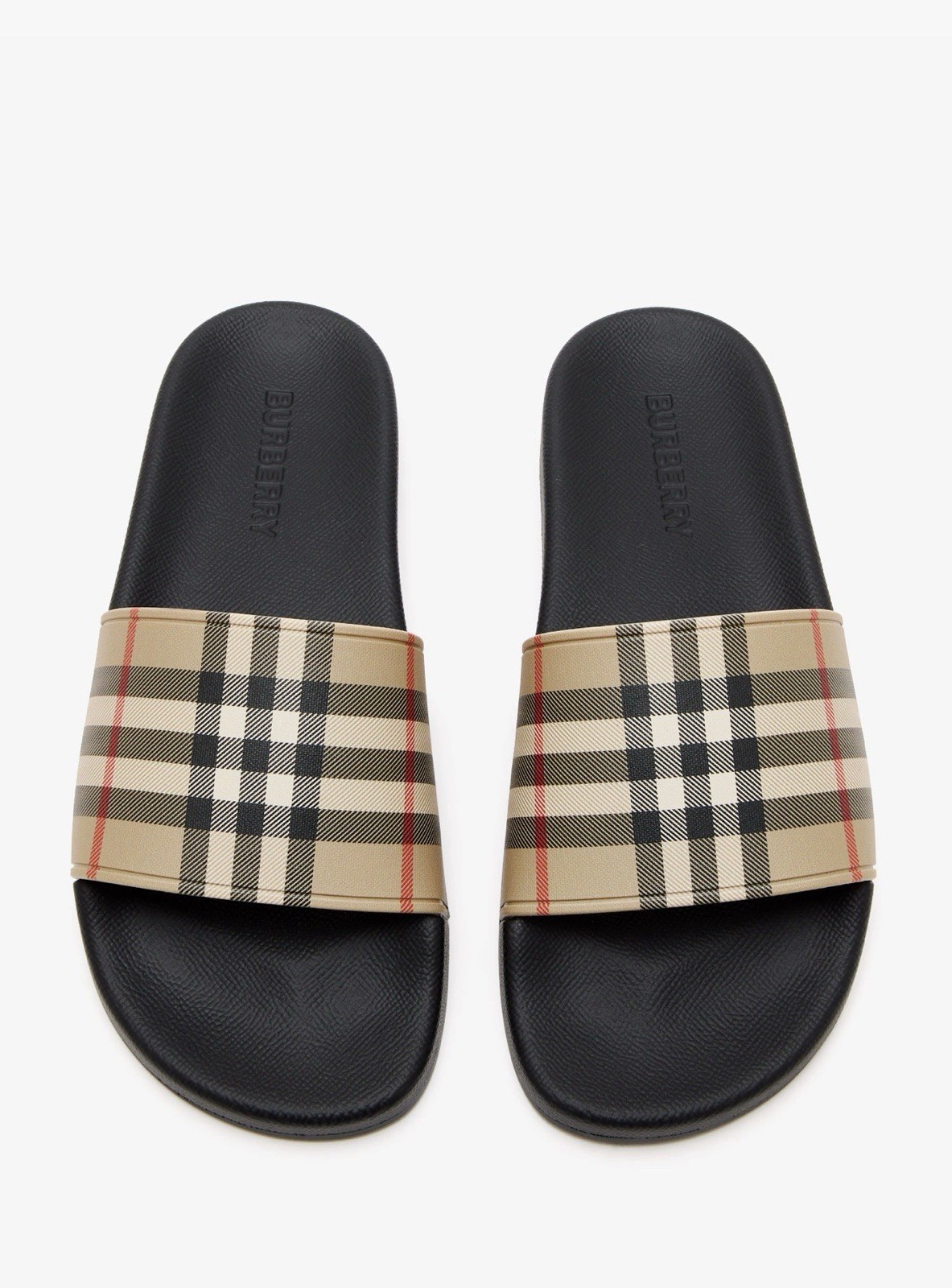 Burberry Check Leather Slide Sandals Black/Beige Logo Slip-On Unisex 10.5