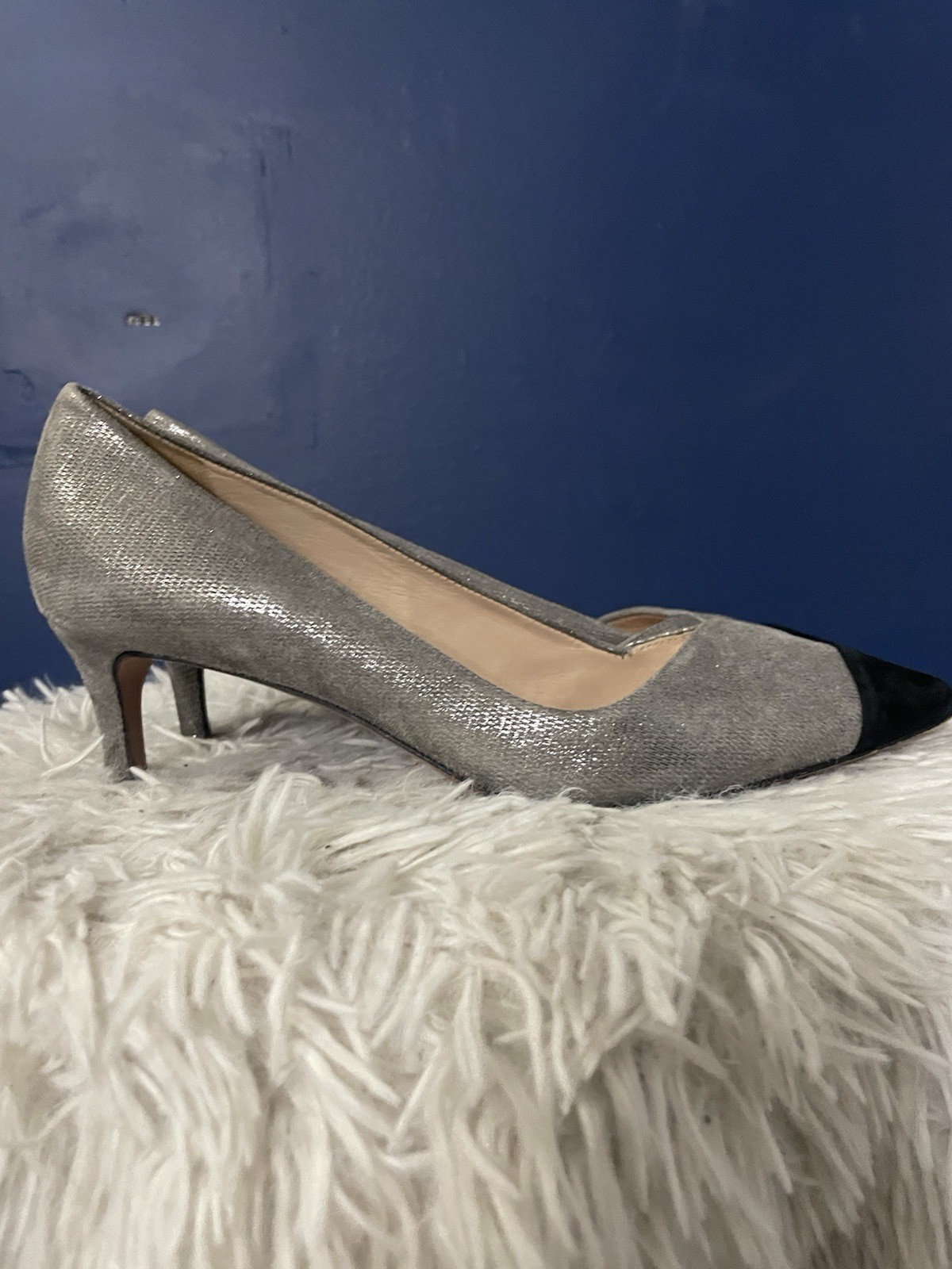 TORY BURCH Shaila Heel Metallic Gray Silver Pumps/Capped Toe Heels Size 6.5