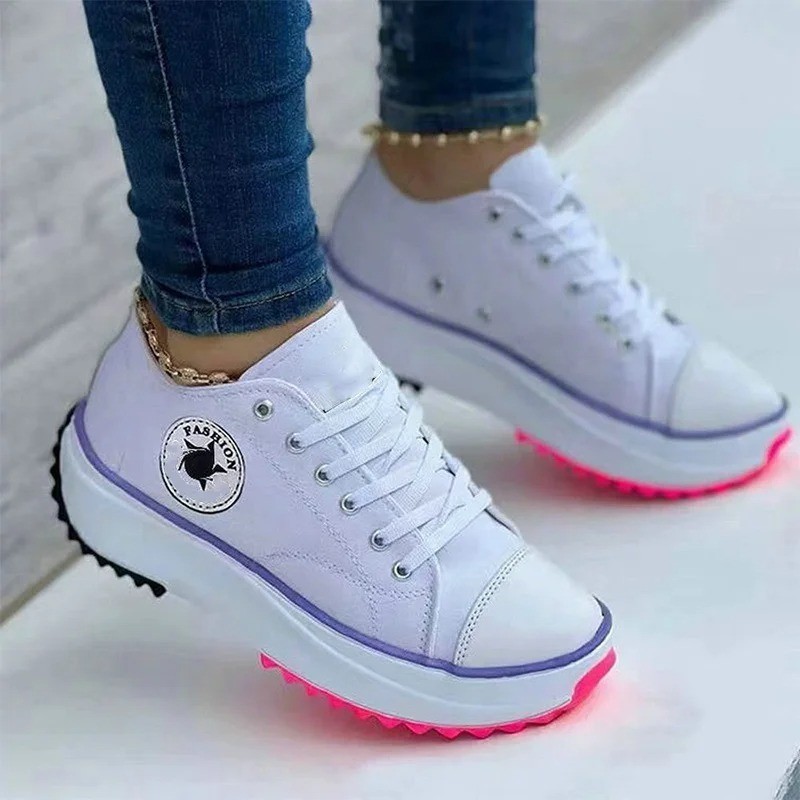 Women Patterned Canvas Sneakers 2025 Casual Flat Lace Up Spring Autumn Shoes