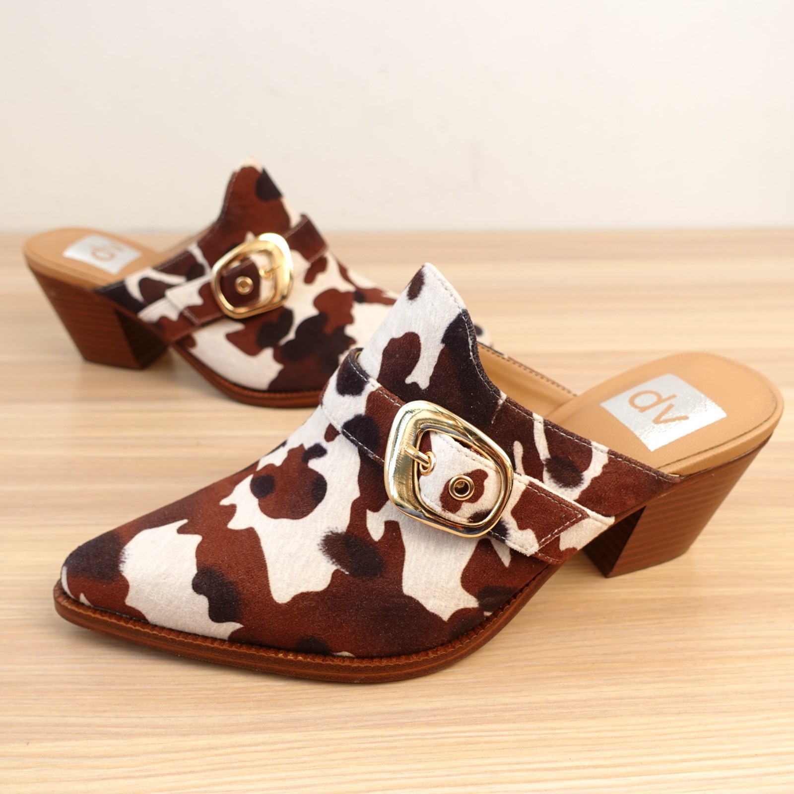 Dolce Vita Womens Mules 6 Brown White DV Cow Print Gold Buckle Slide Y2K NEW