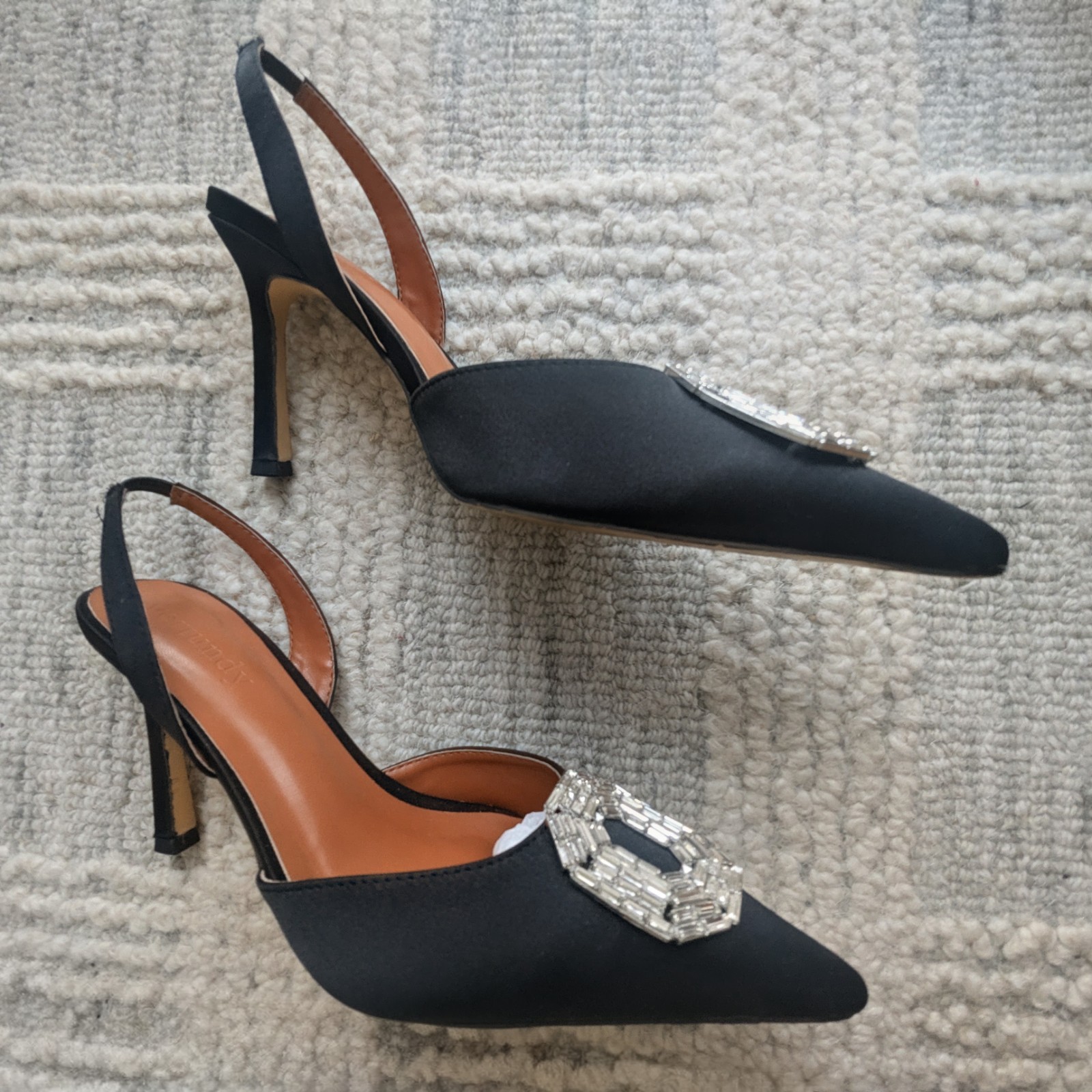 Vertundy Women’s Black Slingback Pointed Toe Stiletto Heels Rhinestone Buckle