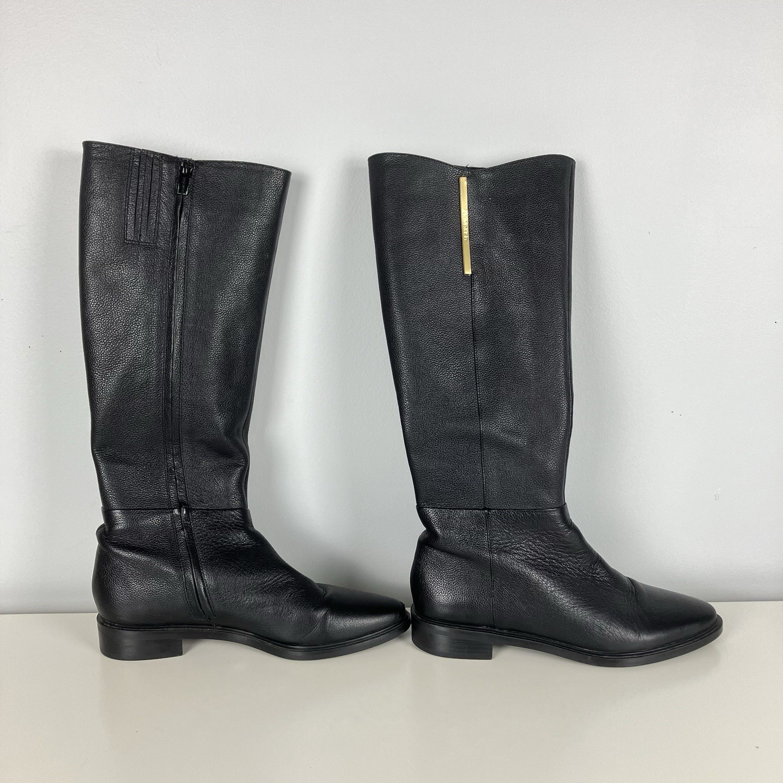 Calvin Klein Francine Tall Riding Boots Black Leather Gold Tone Logo Womens 6.5