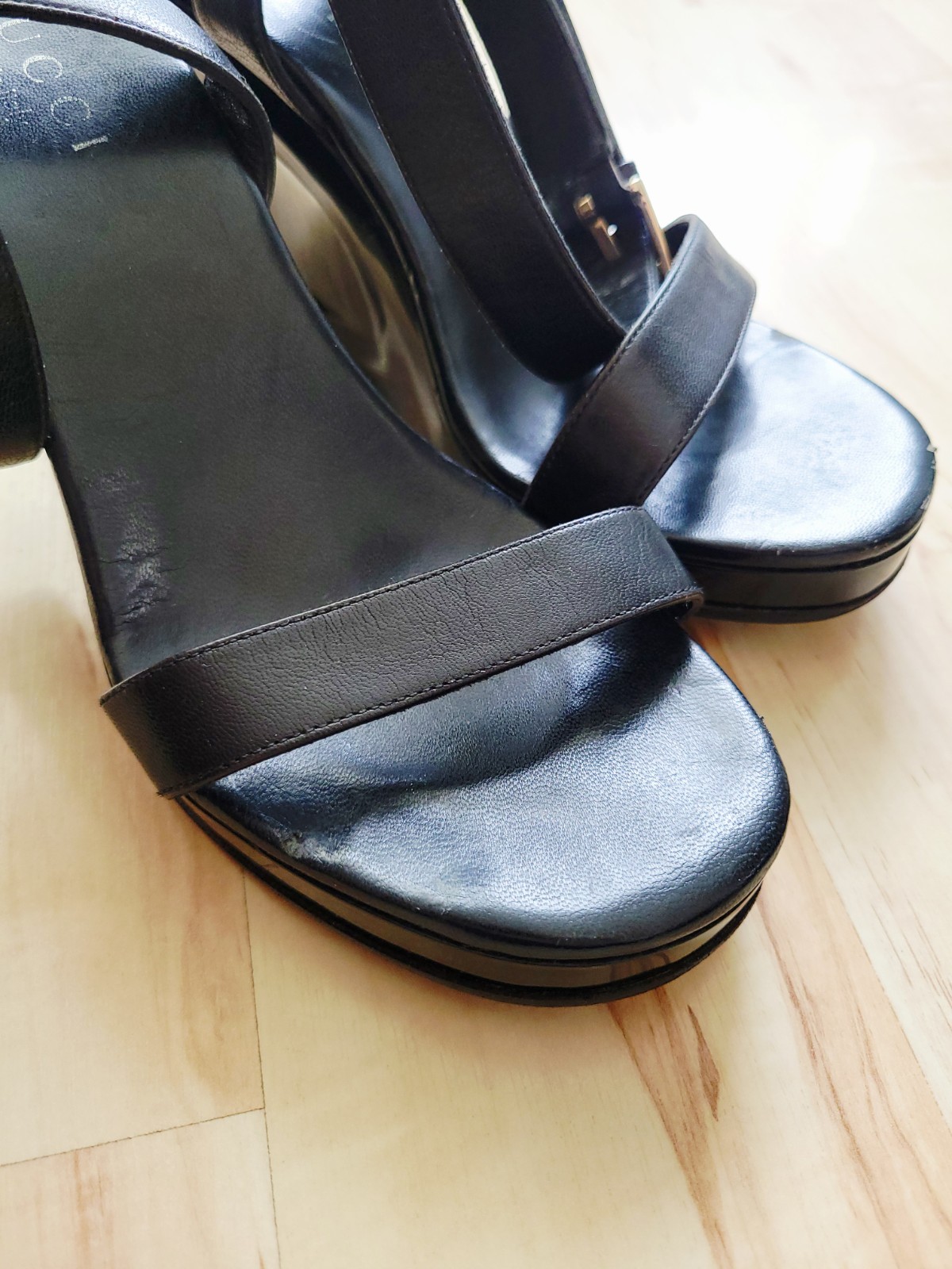 Gucci Ankle Strap Wedges Heels Black Size 6/12B