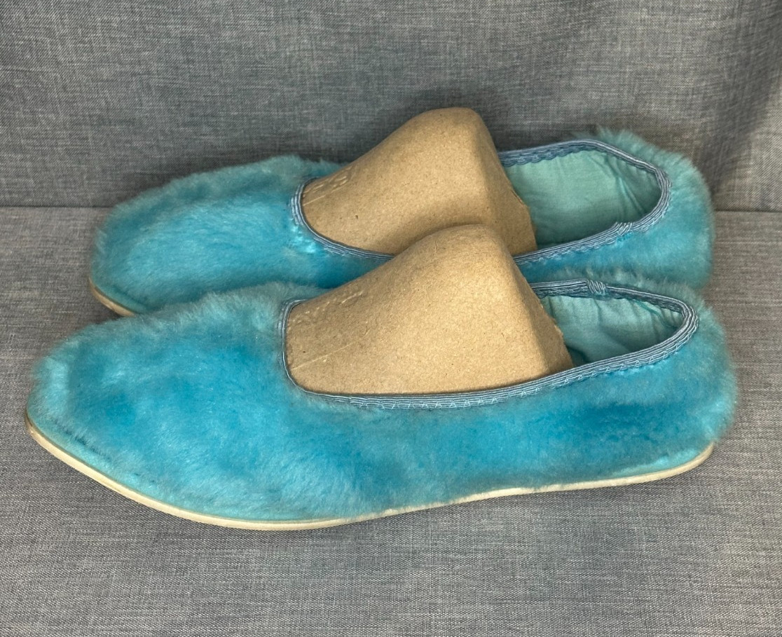 Vtg Fluff Scuff Fuzzy Faux Fur aqua blue Slippers Rubber Sole Medium 6.5-7.5