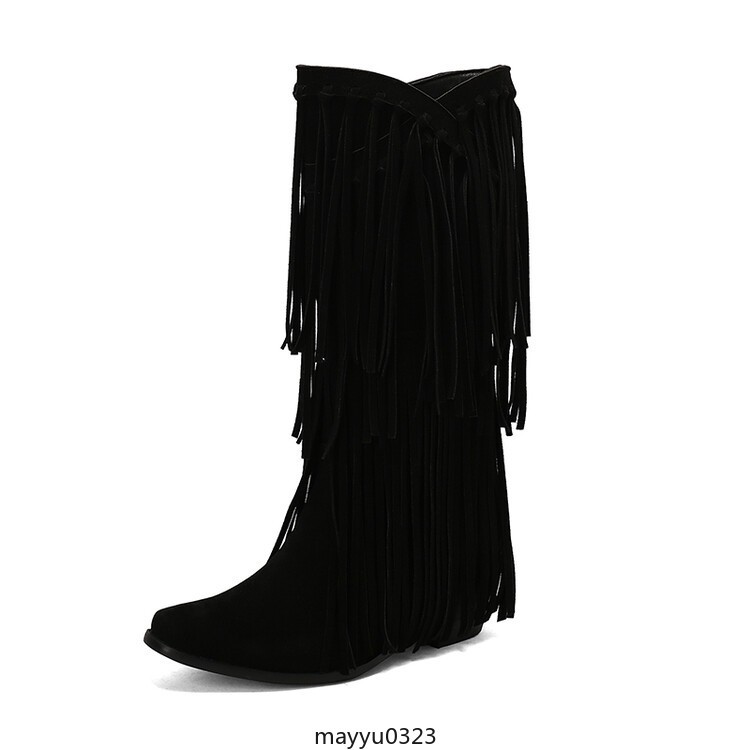 Womens Tassel Fringe Mid Calf Boots Mid Block Heel Western Cowgirl Shoes Hot