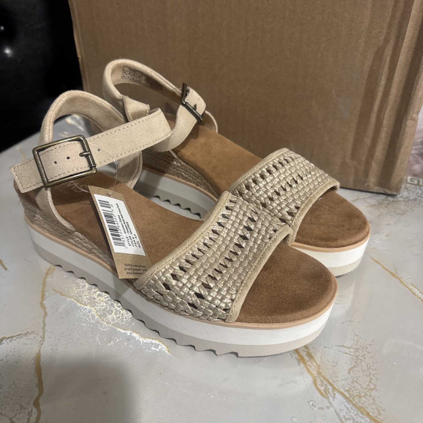 Toms Diana Wedge Sandal Ankle Strap Champagne Metallic Basket Women’s Size 8.5