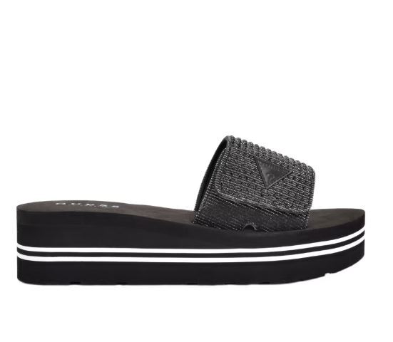 NEW WOMENS GUESS BLACK ABET SLIDES LOGO FLIP FLOPS WEDGE PLATFORM 5,6,7,8,9,10