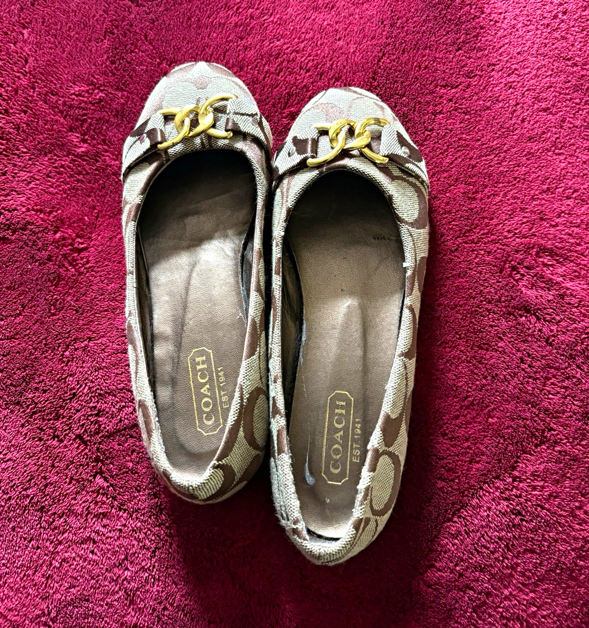 Coach Signature Canvas Ballet Flats Size 8 Beige Brown Slip-On Logo Buckle