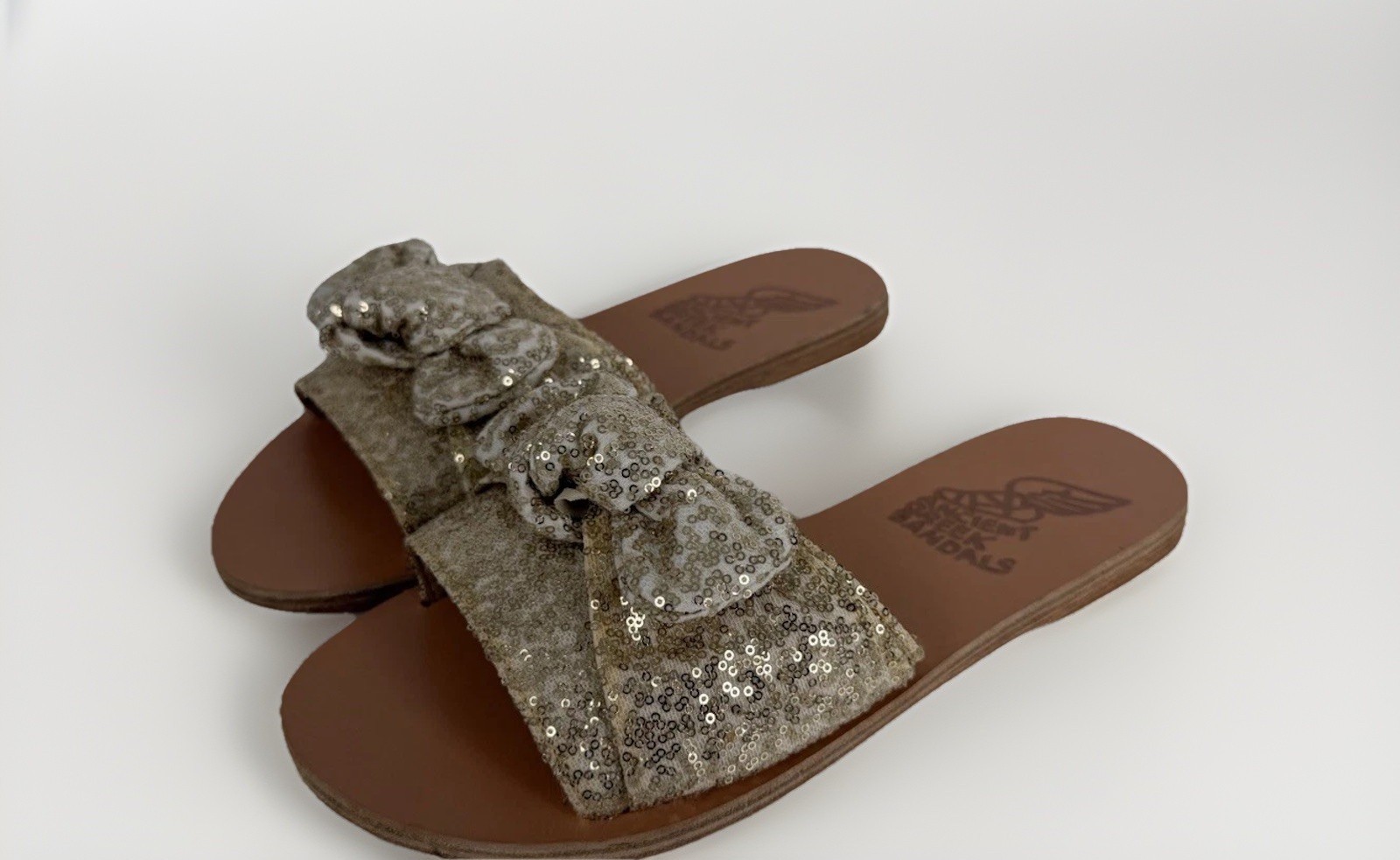 Ancient Greek Sandals Gold Sequin Bow Slide Sandals NWOB Dust Bag EU 37 US 7