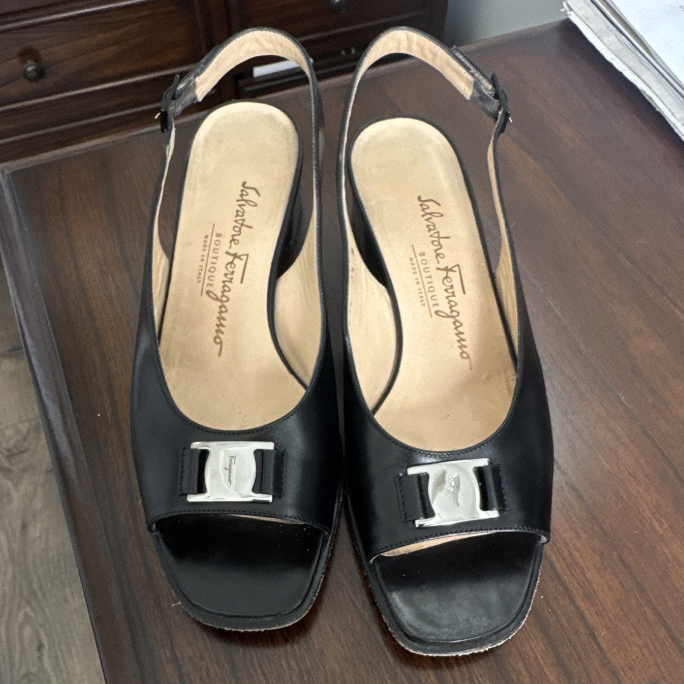 Salvatore Ferragamo Black Leather Slingback Open Toe Heels Silver Buckle 7.5B