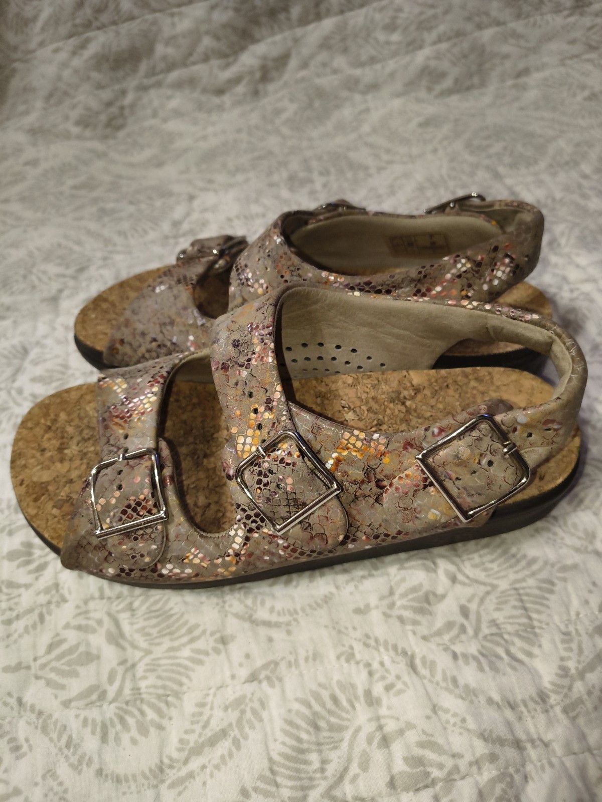 SAS Women’s Beige/Multicolor Snakeskin Leather Strappy Wedge Sandals Cork 7 M