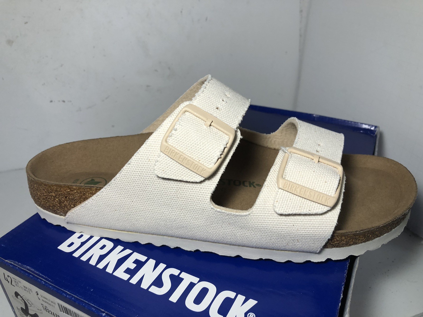 Birkenstock Arizona Rivet Logo Sandal Vegan Canvas Eggshell Men’s 9 Woman’s 11