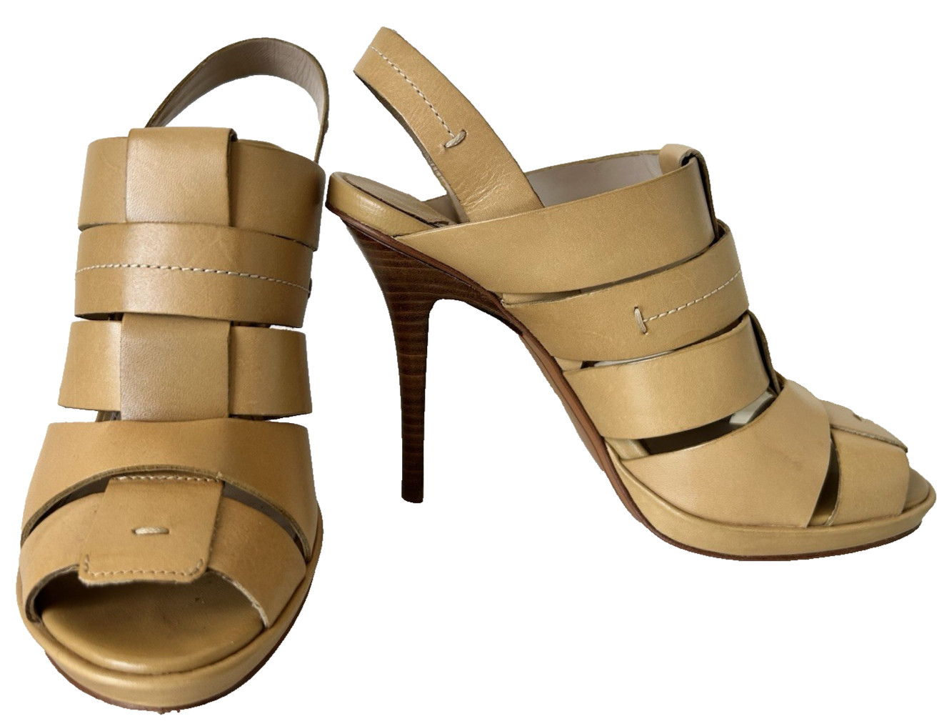 10 Crosby Derek Lam Leather Slingback Size 8.5 Peep Toe Stiletto Heel Tan EUC