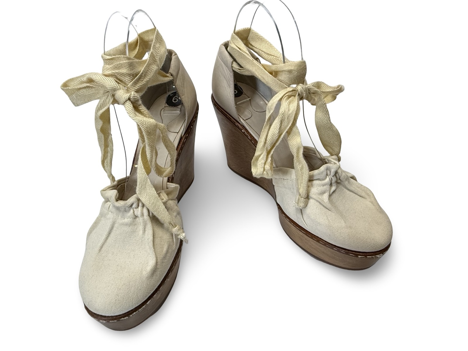 CHLOE Ivory Canvas & Leather Lace Ankle Wooden Wedge Sandals Shoes 39 9