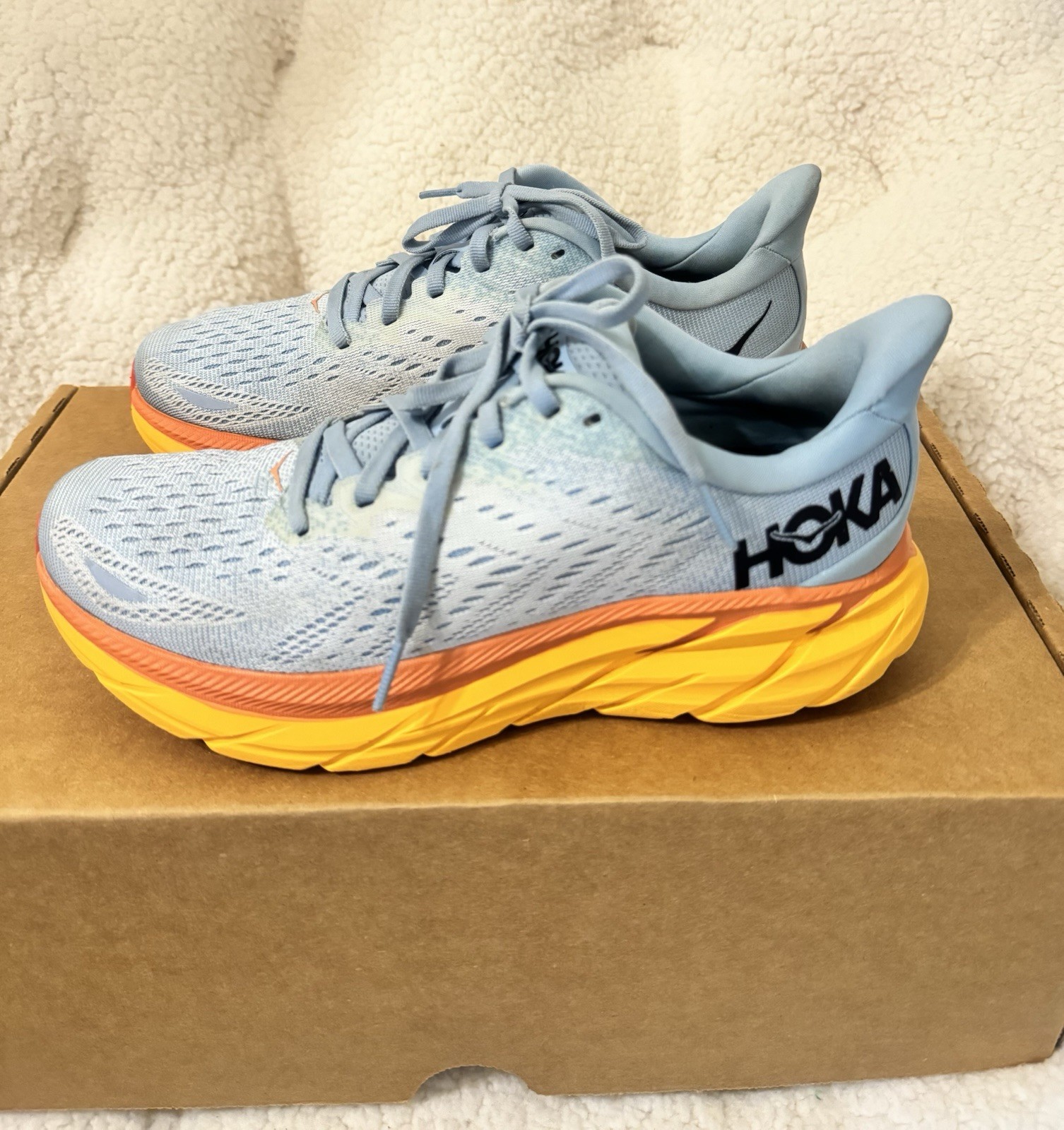 HOKA Clifton 8 Women’s Running Shoes L. Blue Orange Yellow Sneakers Size 7B US