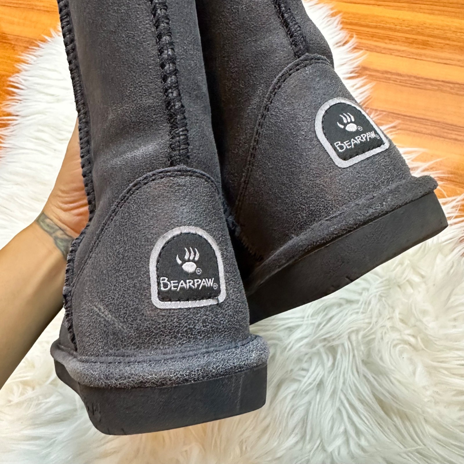 Bearpaw Emma Tall Gray Boots Womens Size 6 Fuzzy Cozy Comfort Winter Fall