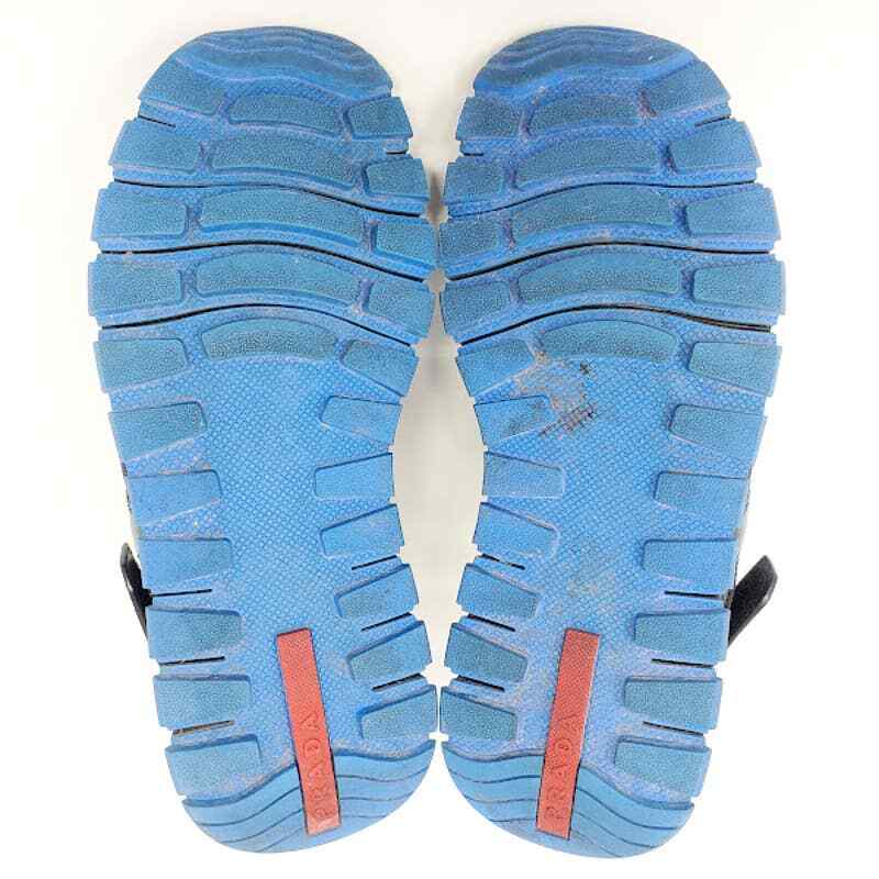 Prada LOGO Sandals Platform Black Leather Blue Rubber Sole Dad Sandals EU 39