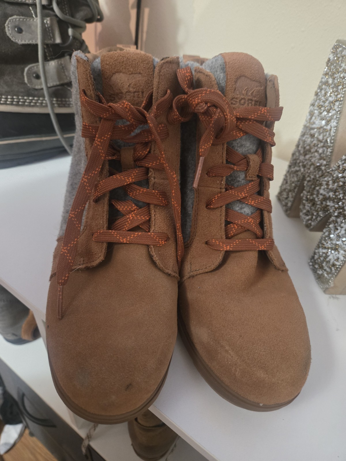 SOREL Explorer Womens Suede Lace-Up Ankle Bootie Brown/Gray Colorblock 10.5