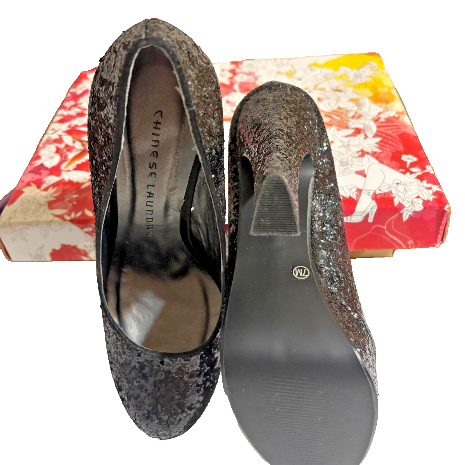 Chinese Laundry Black Glitter Stiletto Platform Heels that are 5»-Size 7M».