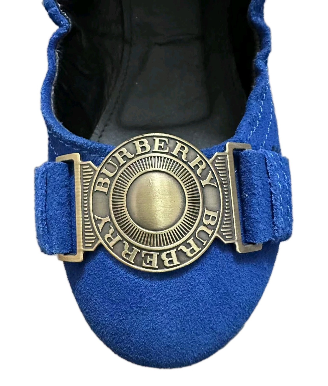 Burberry Blue Suede Ballet Flats Gold Logo Plaque Elastic Slip On Shoes 38