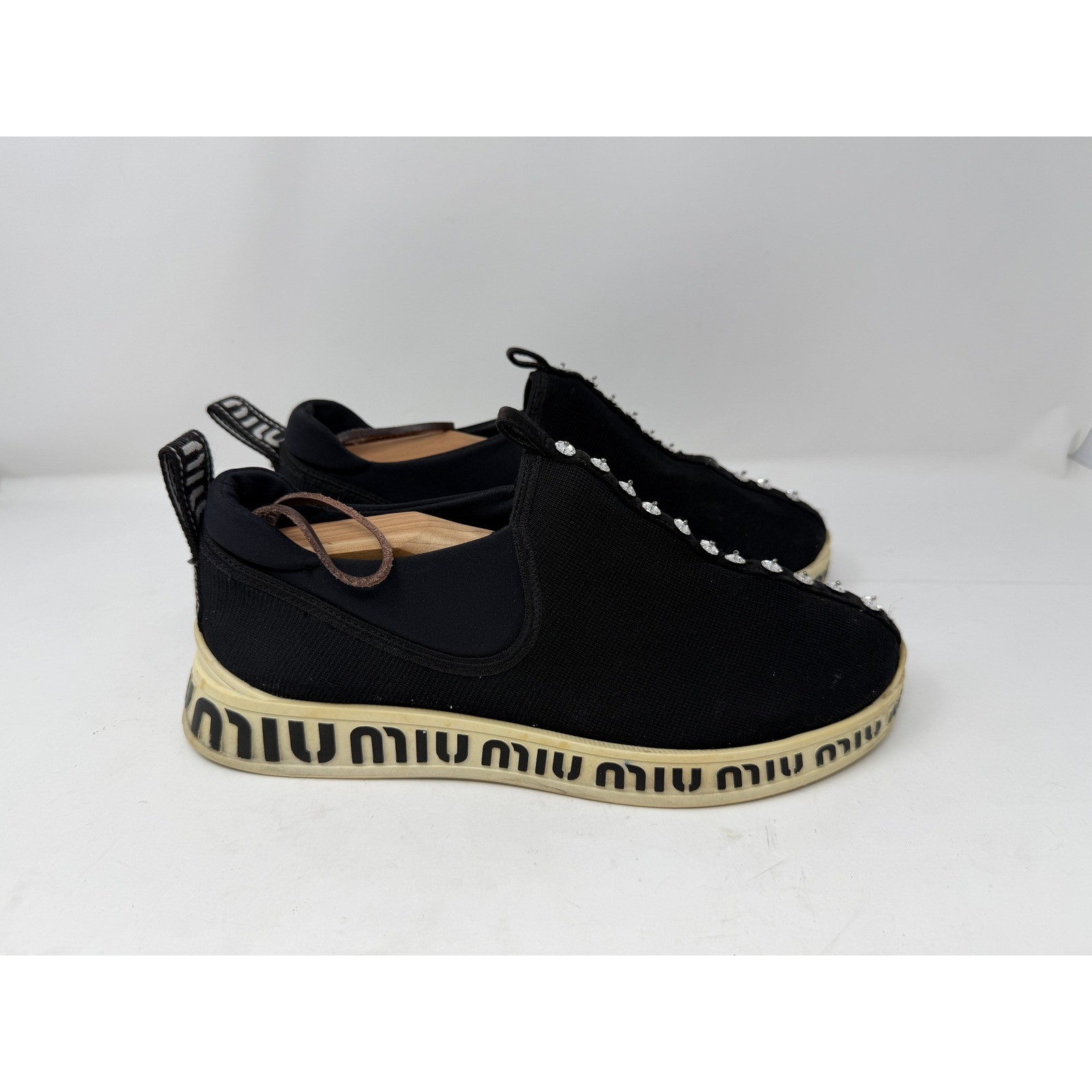 Miu Miu Black Crystal Embellished Knit Logo Slip On Sneakers Shoes 5S830C