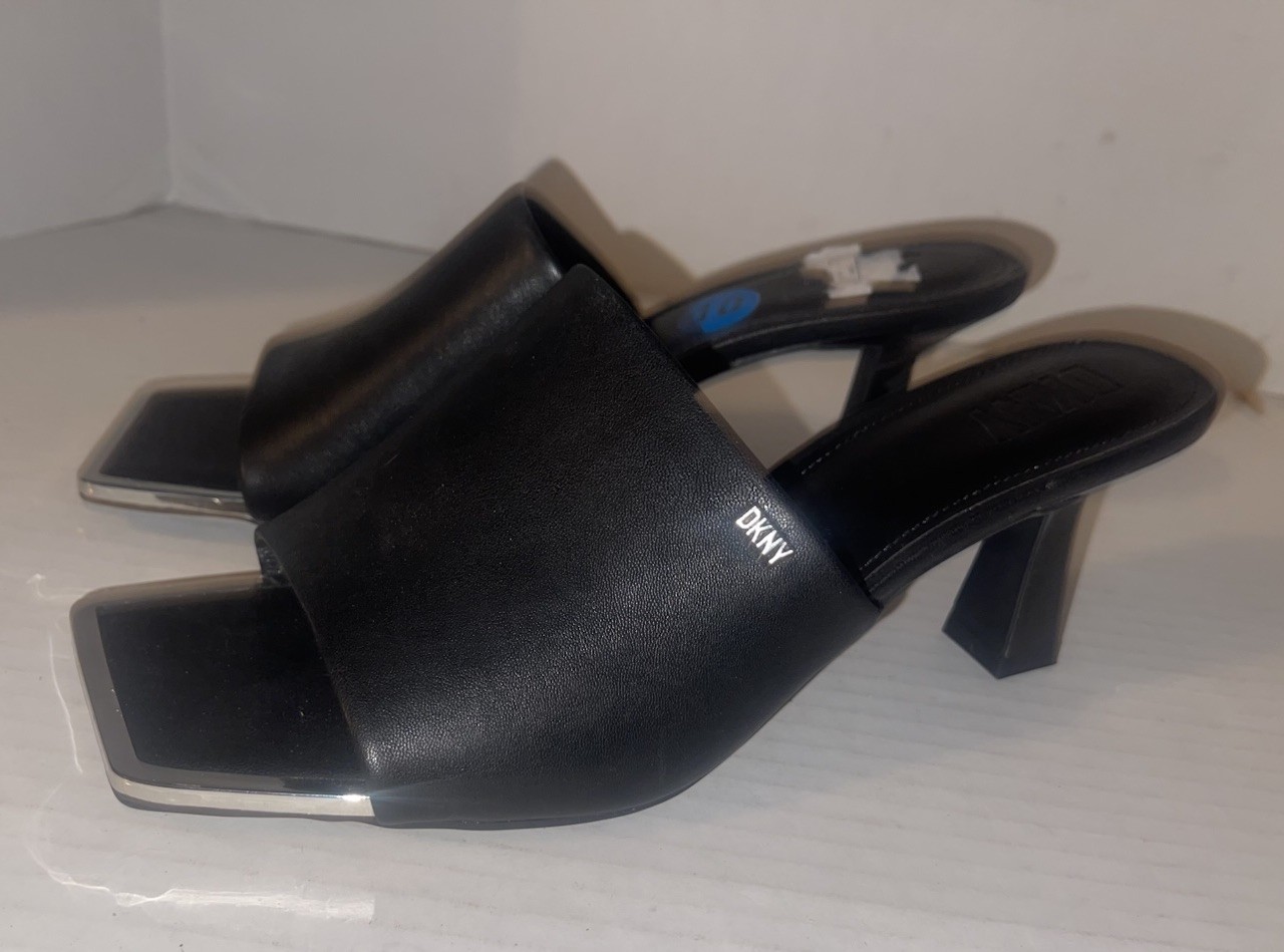 DKNY Black Slip On Square Open Toe Heels Women’s Size 10 Block Heel Designer