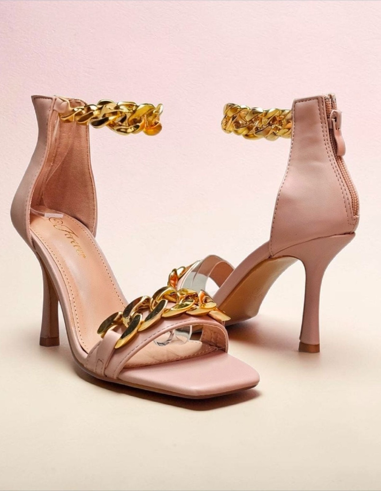 Blush Pink High Heel Sandals With Gold Chain Ankle Strap Square Toe Back Zipper