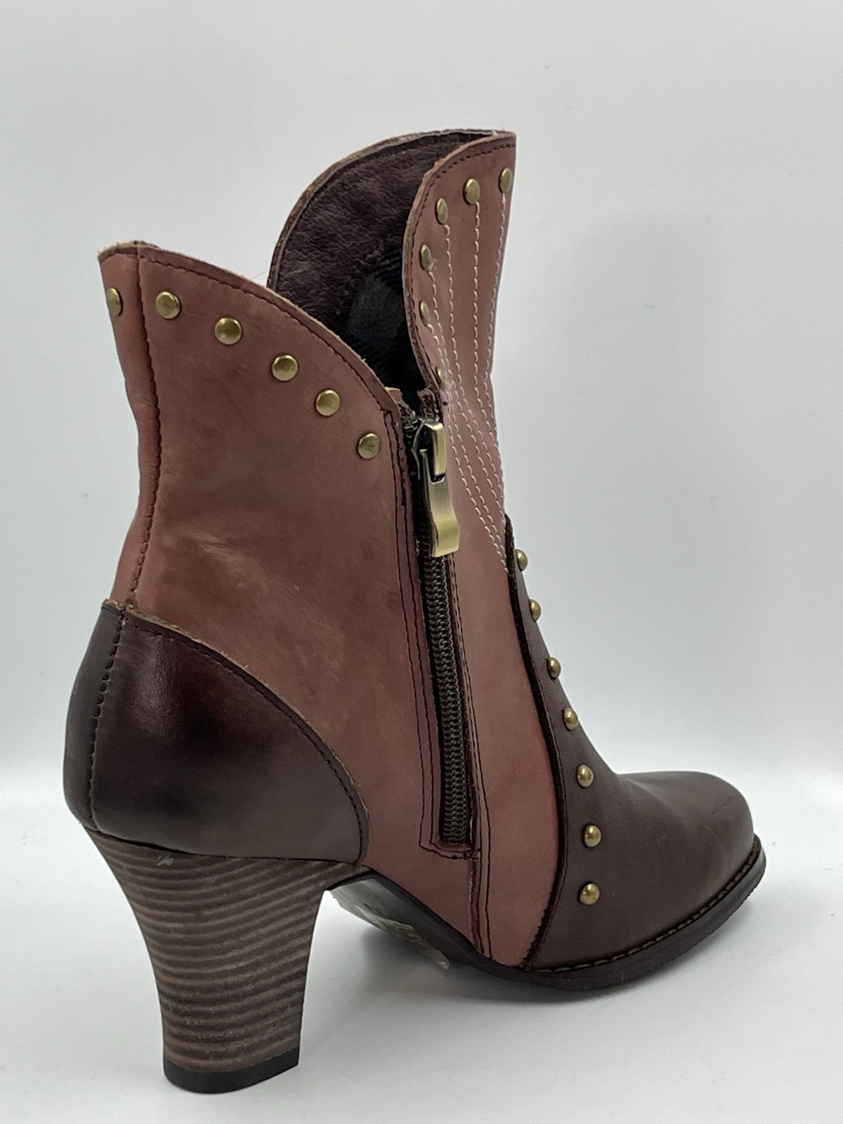 L’artiste Spring Step Quiddity Studded Brown Leather Mid Calf Heeled Boots Sz 6M