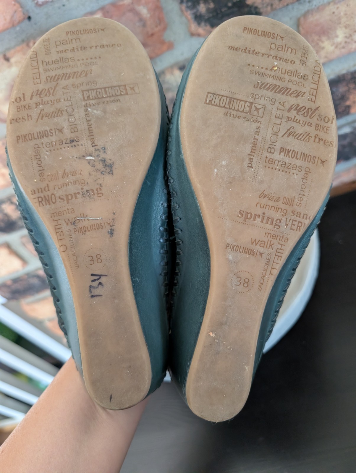 Pikolinos Calfskin Leather Sandals Margarita Midi Wedge Slide Green Sz 38 7.5-8