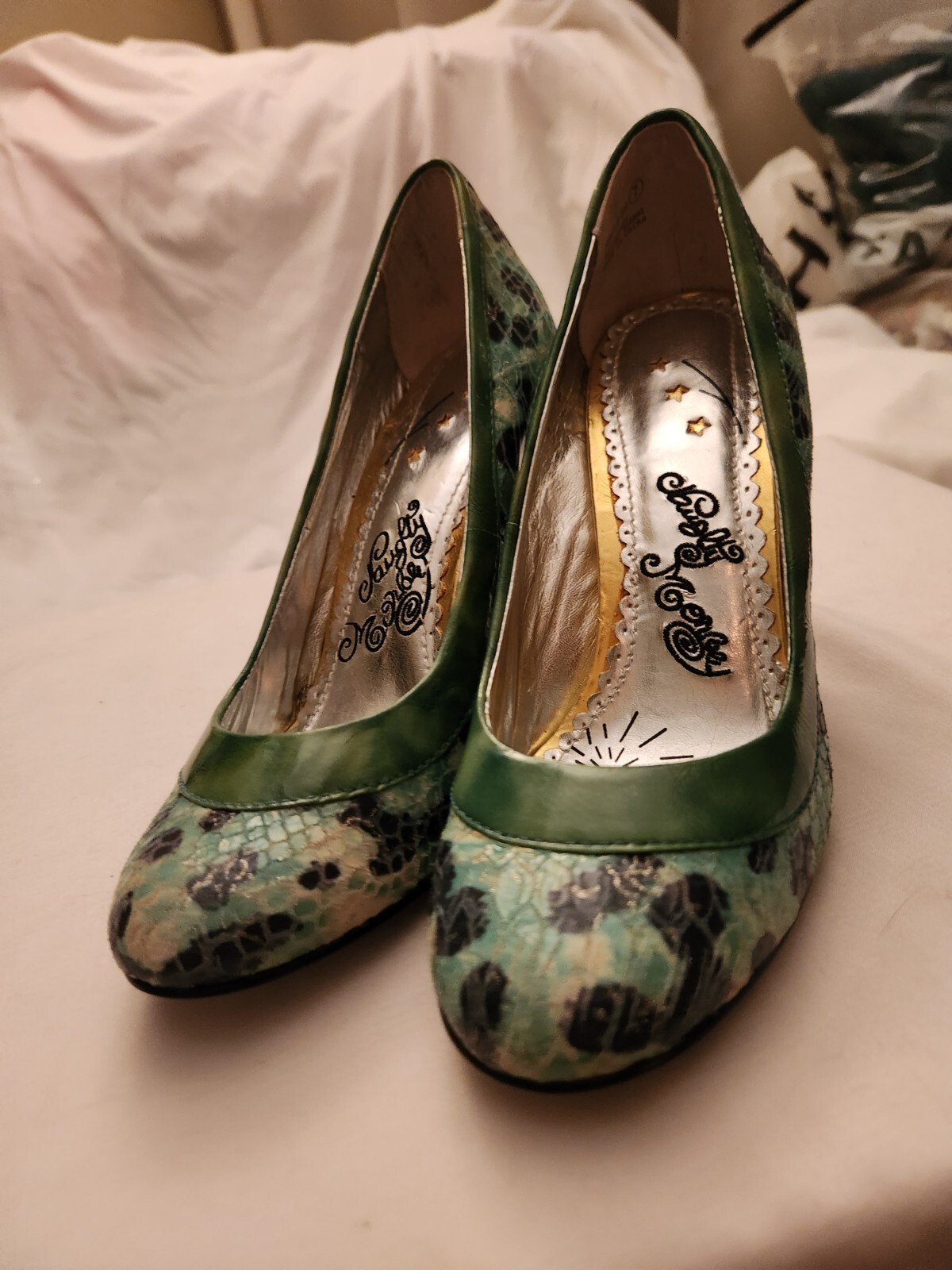 Naughty Monkey 7 Green And Blue W/ Black Leopard Print & Gold Sparkle Pumps